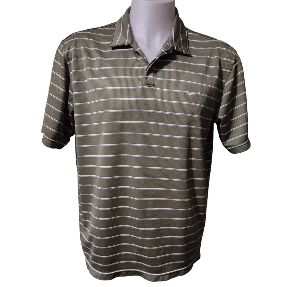 Nike Performance Polo Shirt Men's Large L Green Striped Collar Logo Short Sleeve